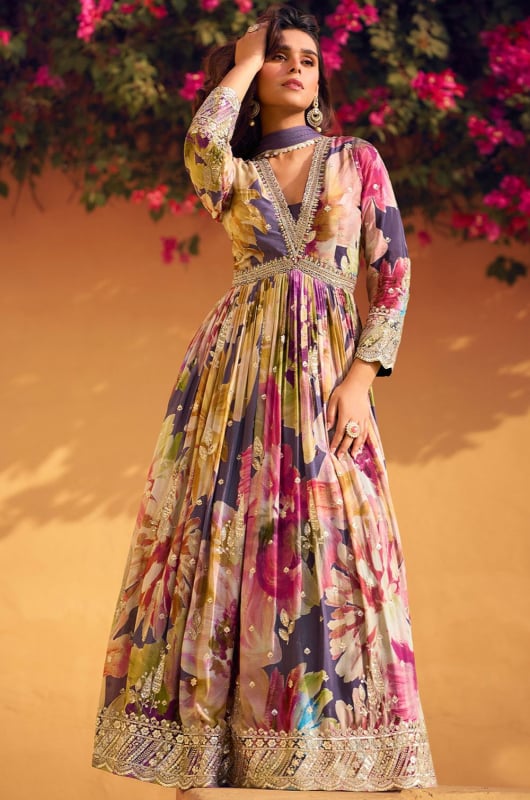 Multicolor Chinnon Silk Anarkali Gown with Dupatta