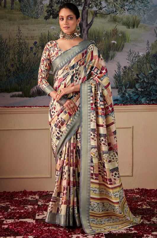 Multicolor Digital Print Handloom Tussar Silk Saree