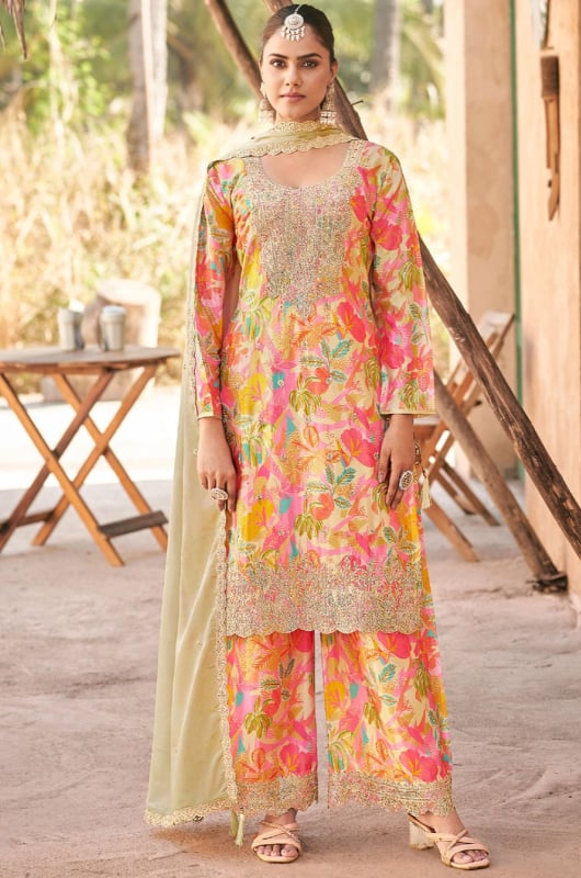 Multicolor Embroidered Chinnon Palazzo Kameez
