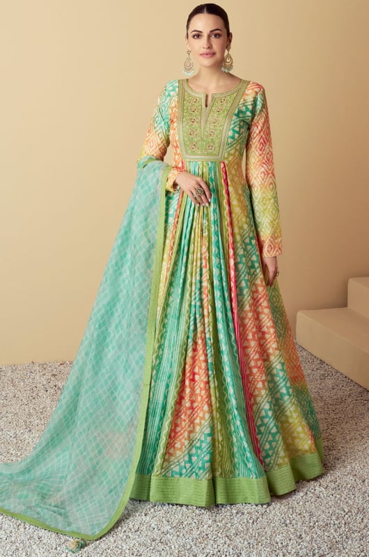 Multicolor Embroidered Muslin Anarkali Gown with Dupatta for Festival
