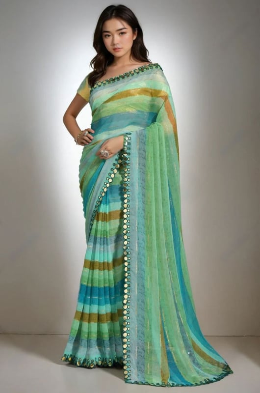 Multicolor Leheriya Print Chiffon Saree