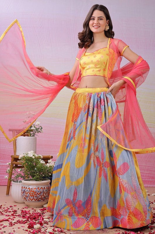 Multicolor Pure Satin Silk Georgette Lehenga Choli