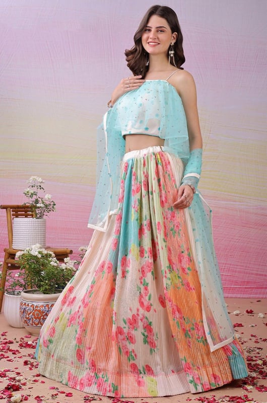 Multicolor Pure Satin Silk Georgette Lehenga Choli