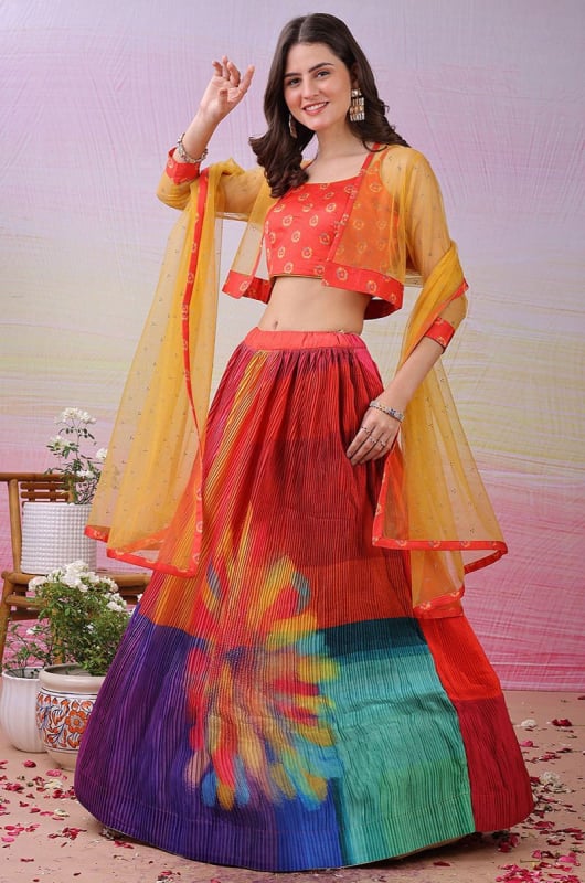 Multicolor Pure Satin Silk Georgette Lehenga Choli