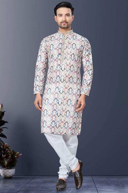 Multicolor Rayon Lucknowi Men Kurta Set