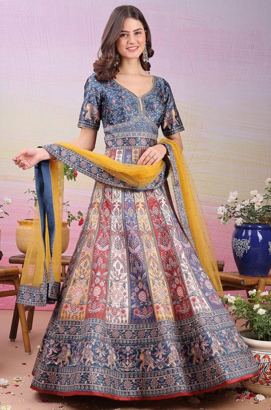 Multicolor Satin Silk Flared Anarkali Gown with Dupatta