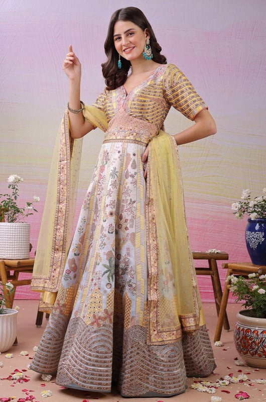 Multicolor Satin Silk Flared Anarkali Gown with Dupatta