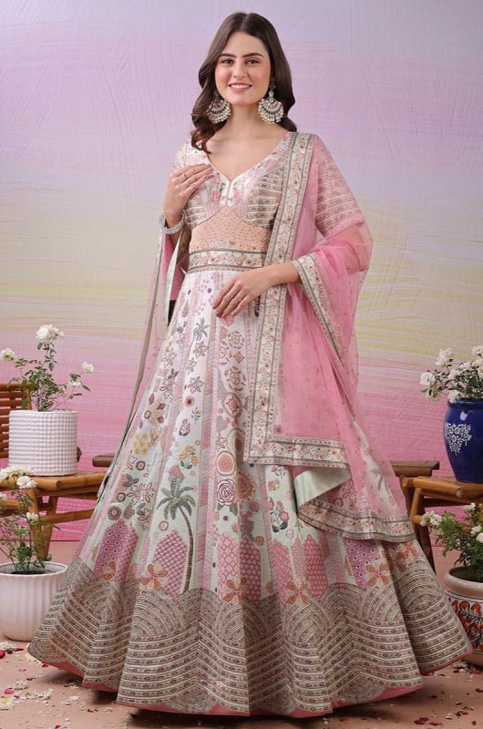 Multicolor Satin Silk Flared Anarkali Gown with Dupatta