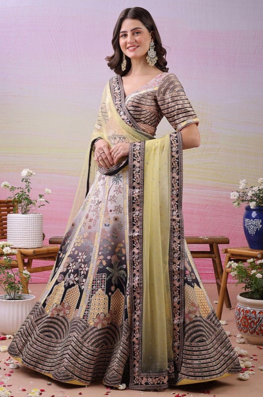 Multicolor Satin Silk Flared Anarkali Gown with Dupatta