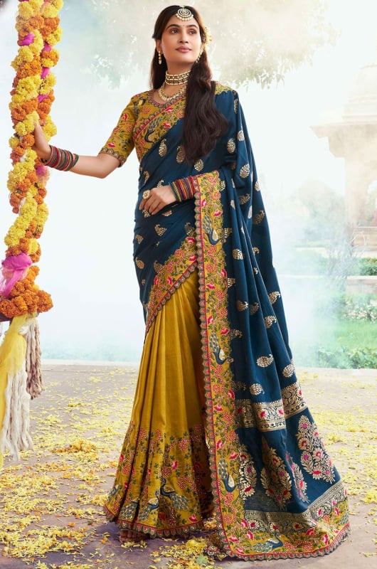 Mustard and Prussian Blue Embroidered Silk Designer Saree