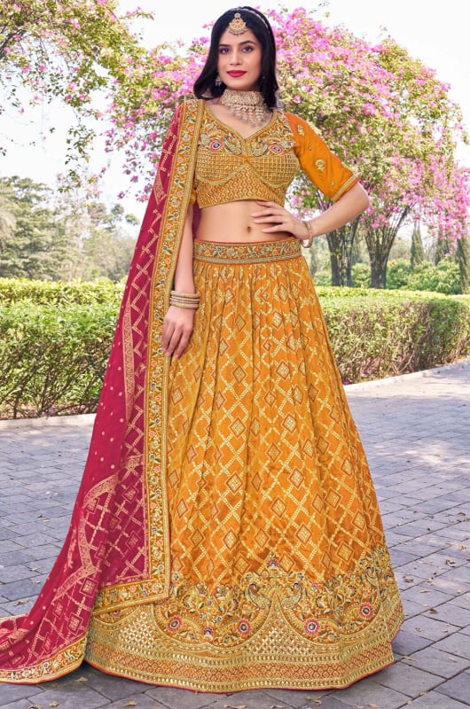 Mustard Embroidered Banarasi Silk Lehenga Choli
