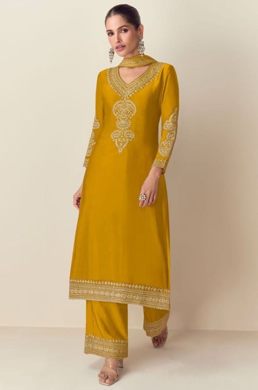 Mustard Embroidered Chinnon Silk Trouser Kameez
