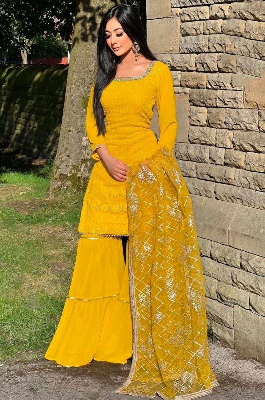 Mustard Embroidered Faux Georgette Sarara Kameez