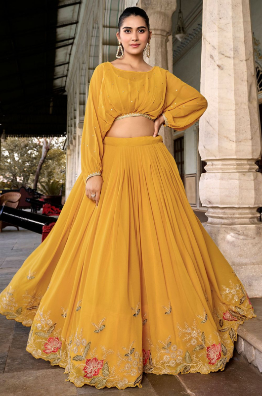 Mustard Embroidered Georgette IndoWestern Lehenga Set