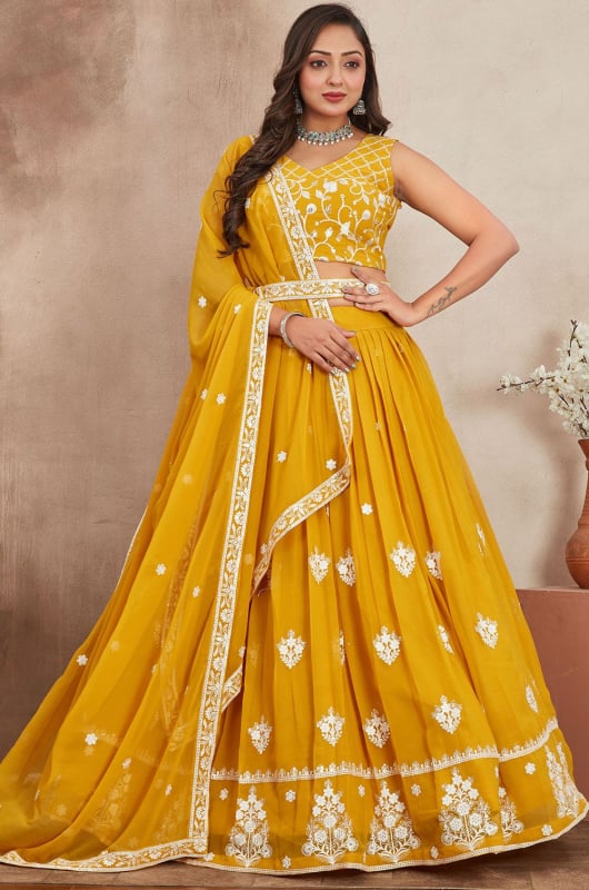 Mustard Embroidered Georgette Lehenga Choli