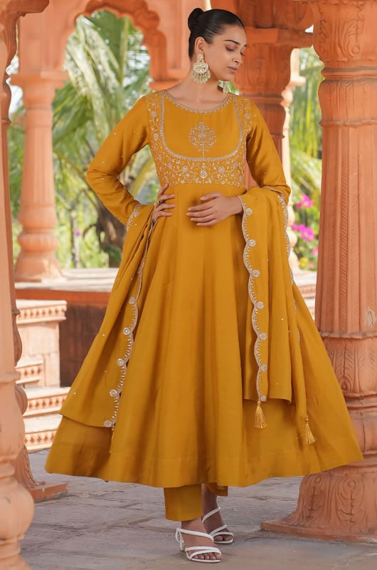 Mustard Embroidered Silk Readymade Anarkali Suit