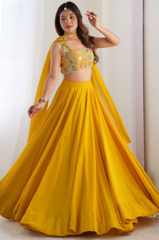 Mustard Faux Georgette Flared Readymade Lehenga Choli
