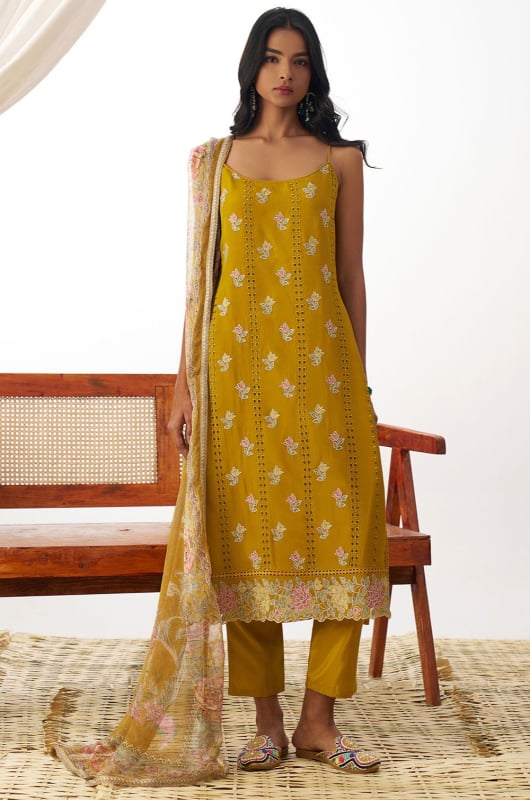 Mustard Pure Organza Readymade Pant Kameez