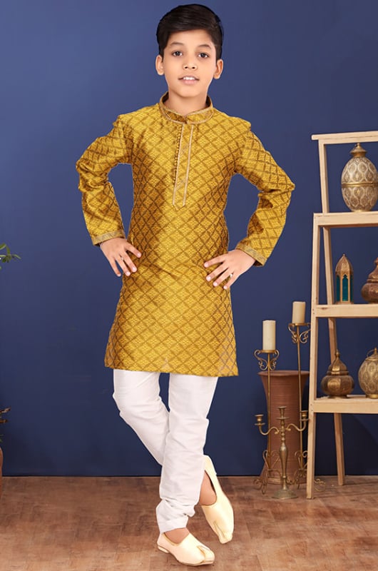 Mustard Silk Men Kurta Set