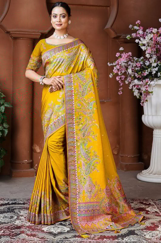Mustard Woven Dola Silk Designer Saree