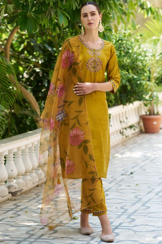 Mustard Yellow Cotton Silk Pant Kameez Suit
