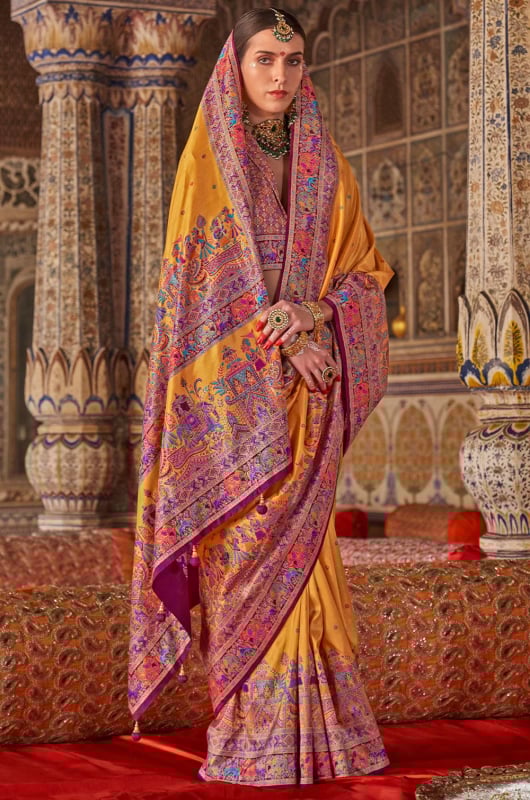 Mustard Yellow Embellished Viscose Silk Saree