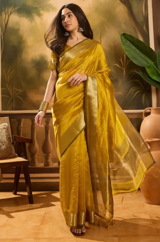 Mustard Yellow Khadi Organza Woven Jacquard Saree