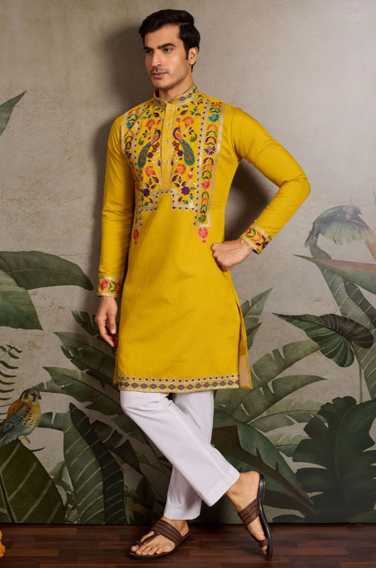 Mustard Yellow Viscose Silk Embroidered Kurta for Festival