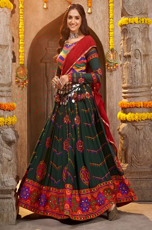 Navratri Special Bottle Green Rayon Embroidered Chaniya Choli