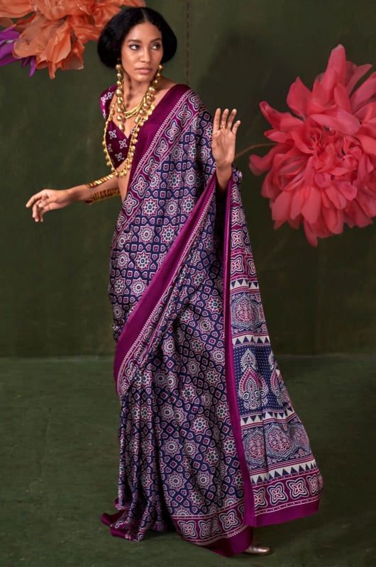 Navy Blue Ajrakh Print Satin Crepe Saree