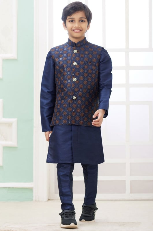 Navy Blue Art Silk Kids Kurta Set with Jacket