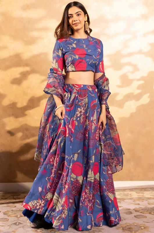 Navy Blue Chinnon Readymade Plus Size Lehenga Choli