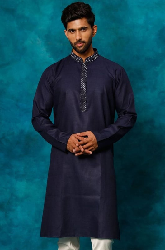 Navy Blue Cotton Blend Kurta
