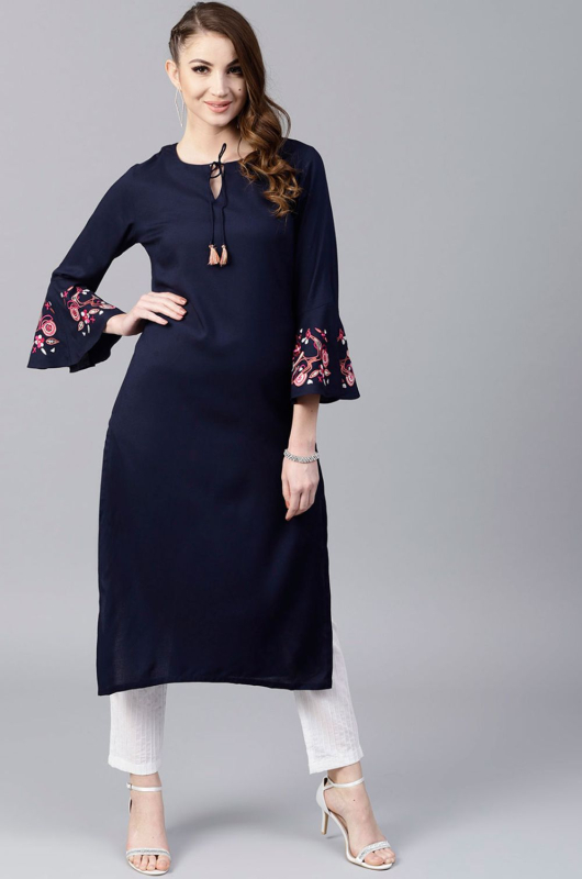 Navy Blue Cotton Rayon Plus Size Kurta with Bottom
