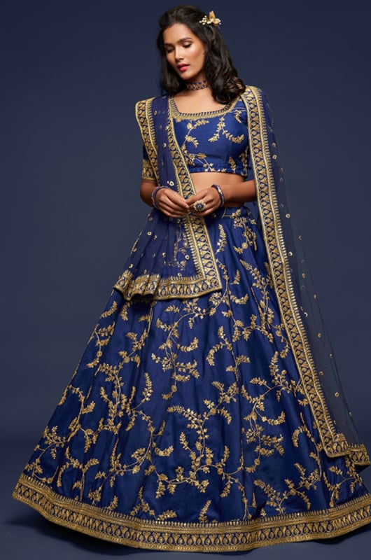 Navy Blue Embroidered Art Silk Designer Lehenga Choli