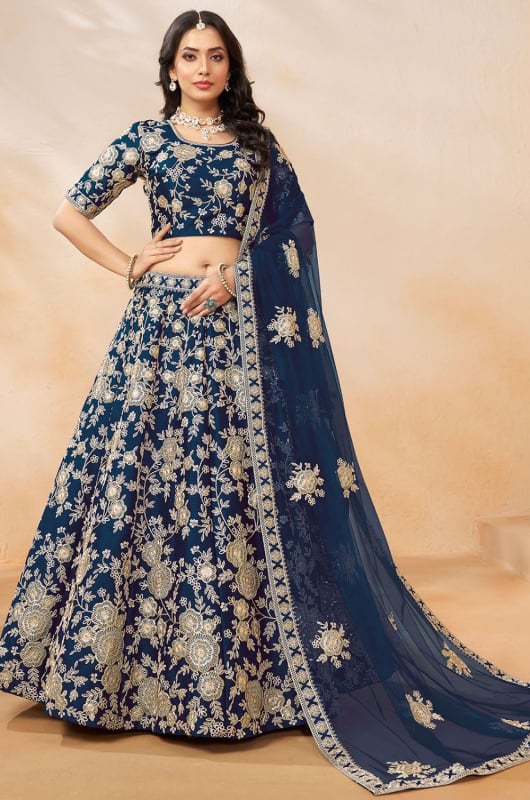 Navy Blue Embroidered Art Silk Lehenga Choli for Wedding