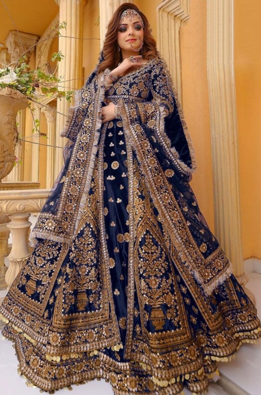 Navy Blue Embroidered Velvet Bridal Lehenga Kameez