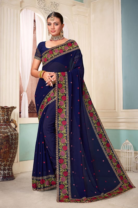 Navy Blue Georgette Embroidered Saree