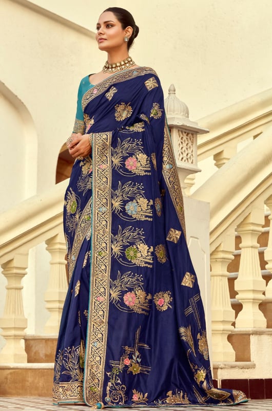 Navy Blue Handwork Dola Silk Saree