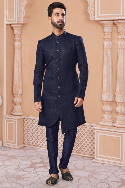 Navy Blue Heavy Wedding Wear Indo Sherwani
