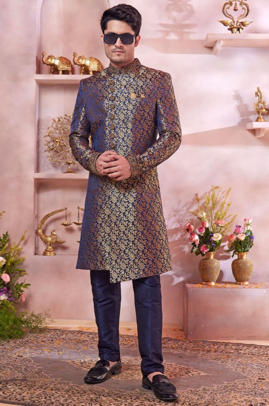 Navy Blue Jacquard Banarasi Silk Designer Sherwani