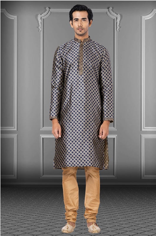 Navy Blue Jacquard Kurta Pyjama Set