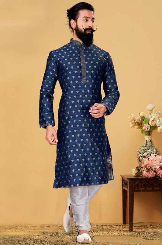 Navy Blue Jacquard Silk Kurta Set