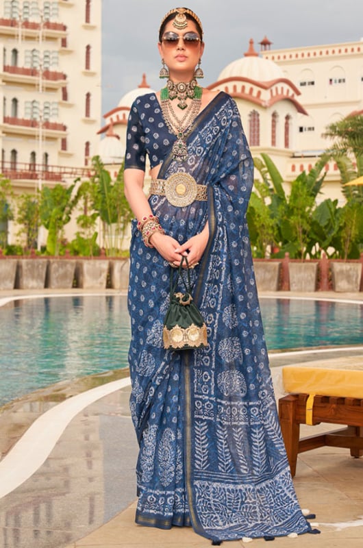 Navy Blue Linen Cotton Digital Printed Saree