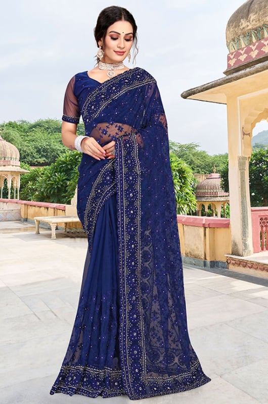 Navy Blue Resham Embroidered Net Saree