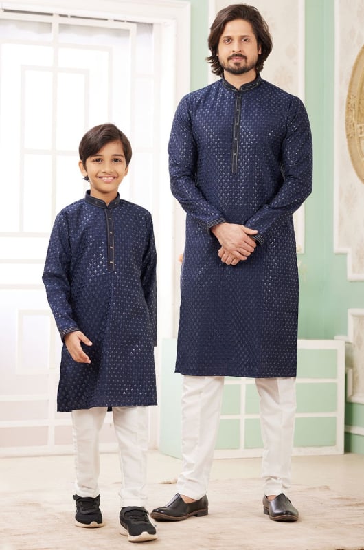 Navy Blue Sequins Embroidered Art Silk Kurta Set Combo