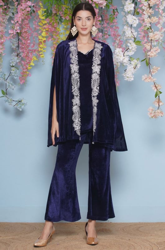 Navy Blue Velvet Cape Set