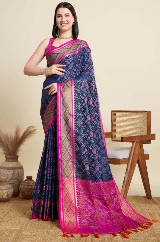 Navy Blue Woven Patola Silk Saree