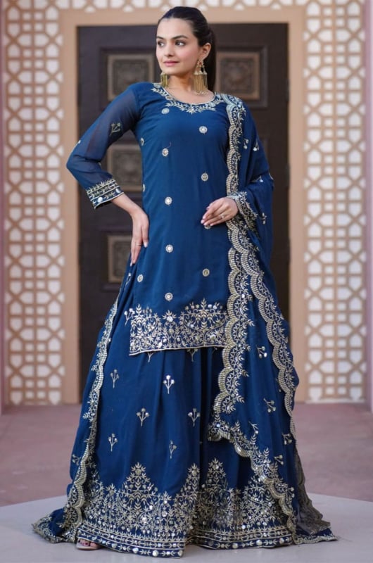 Teal Blue Embroidered Faux Georgette Lehenga Kameez