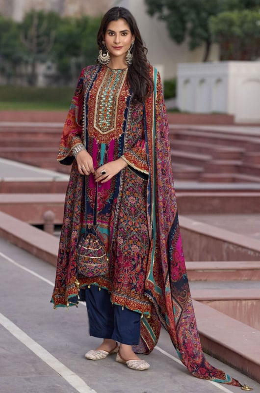 Multicolor Embroidered Chinnon Readymade Suit